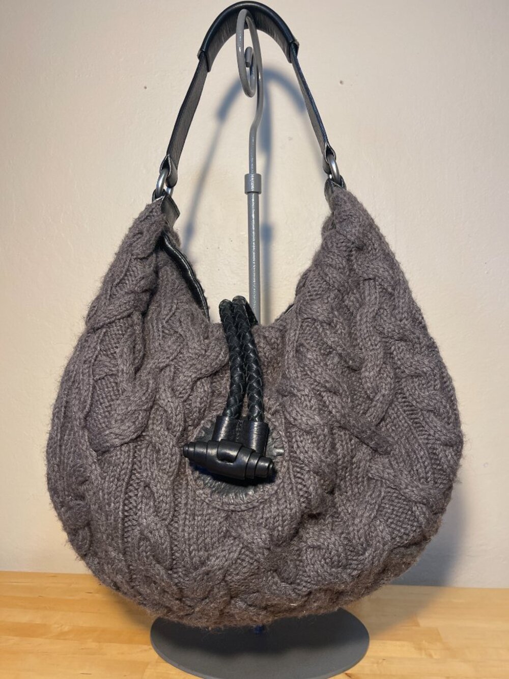 Banana Republic Gray Knit Hobo Bag Black Leather Strap Slouchy Shoulder Purse